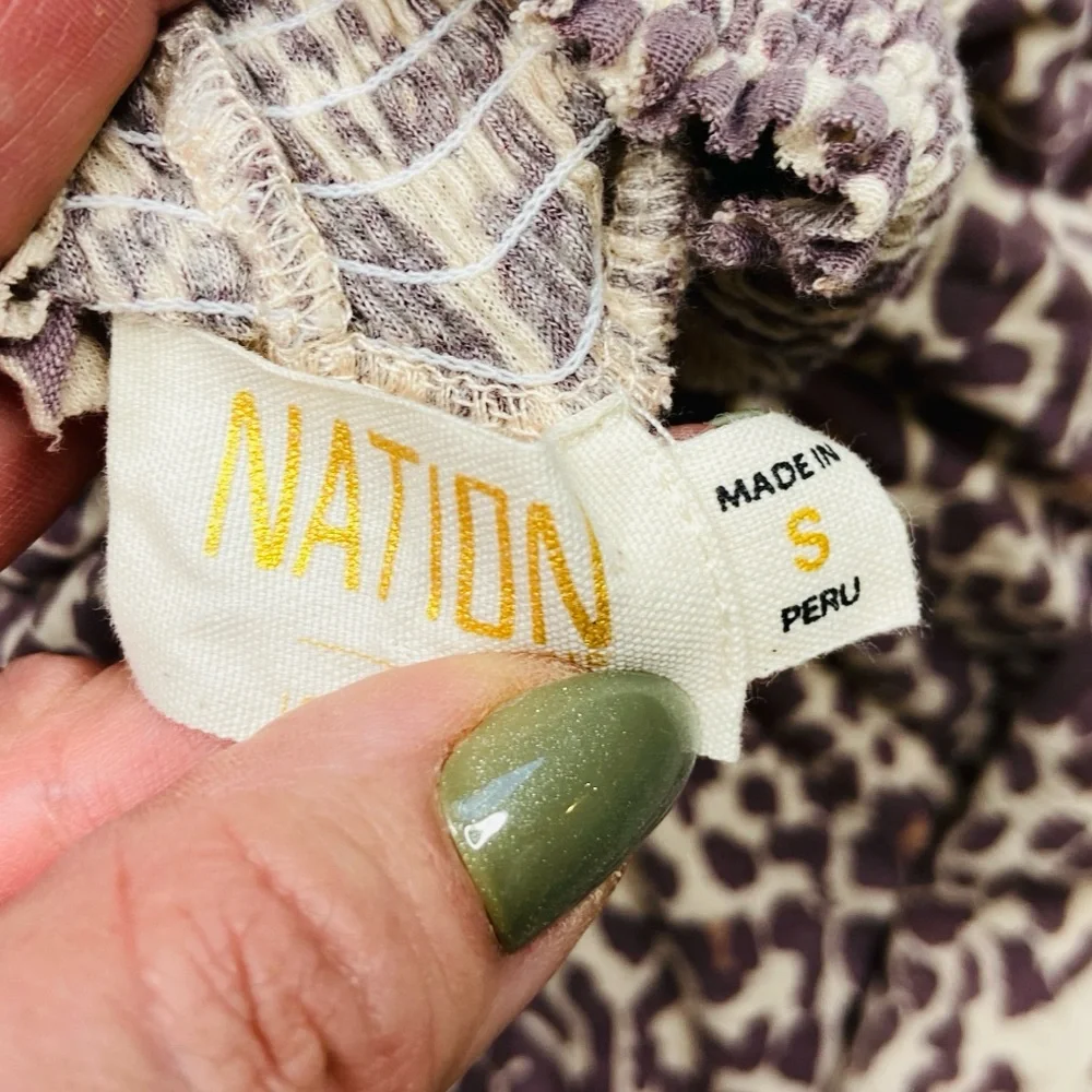 Nation LTD Melanie Smocked Peasant Tee Sz Small Antique Leopard Pima Cotton GUC!